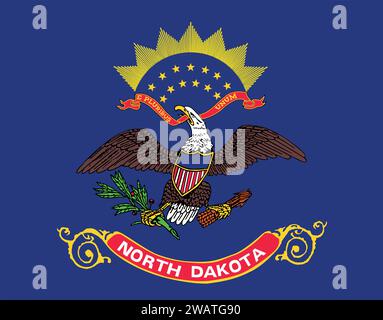 Bandiera molto dettagliata del North Dakota. Bandiera dello stato del North Dakota, bandiera nazionale del North Dakota. Bandiera dello stato del North Dakota. USA. America. Illustrazione Vettoriale