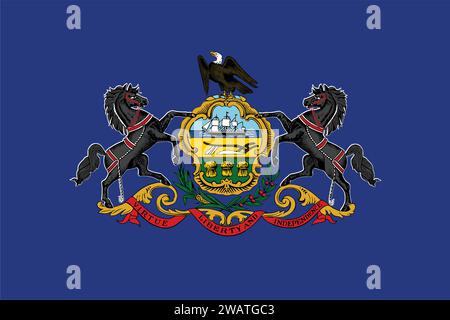 Bandiera molto dettagliata della Pennsylvania. Bandiera dello stato della Pennsylvania, bandiera nazionale della Pennsylvania. Bandiera dello stato della Pennsylvania. USA. America. Illustrazione Vettoriale