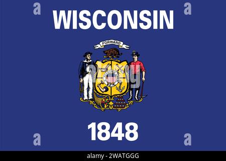 Bandiera molto dettagliata del Wisconsin. Bandiera dello stato del Wisconsin, bandiera nazionale del Wisconsin. Bandiera dello stato del Wisconsin. USA. America. Illustrazione Vettoriale