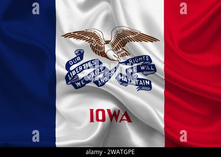 Alta bandiera dettagliata dell'Iowa. Bandiera dello stato dell'Iowa, bandiera nazionale dell'Iowa. Bandiera dello stato dell'Iowa. USA. America. Foto Stock