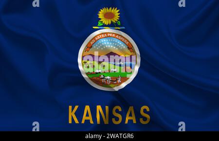 Bandiera molto dettagliata del Kansas. Bandiera dello stato del Kansas, bandiera del Kansas nazionale. Bandiera dello stato del Kansas. USA. America. Foto Stock