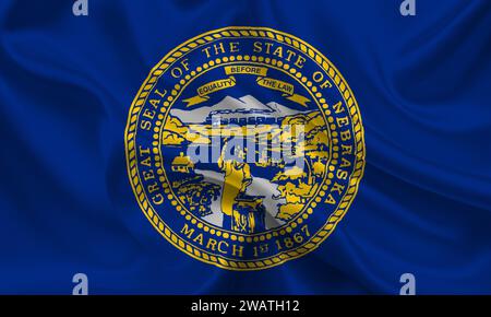 Alta bandiera del Nebraska. Bandiera dello stato del Nebraska, bandiera nazionale del Nebraska. Bandiera dello stato del Nebraska. USA. America. Sfondo verde. Rendering 3D. Foto Stock