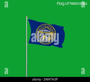 Alta bandiera del Nebraska. Bandiera dello stato del Nebraska, bandiera nazionale del Nebraska. Bandiera dello stato del Nebraska. USA. America. Sfondo verde. Rendering 3D. Foto Stock