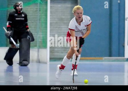 Mannheim, Deutschland. 6 gennaio 2024. Marie Fischer (TSVMH, 30), AM Ball, Freisteller, Ganzkörper, Einzelbild, Einzelfoto, Aktion, Action, 06.01.2024, Mannheim (Deutschland), Hallenhockey, 1. Bundesliga Süd, Damen, TSV Mannheim - Münchner SC/dpa/Alamy Live News Foto Stock