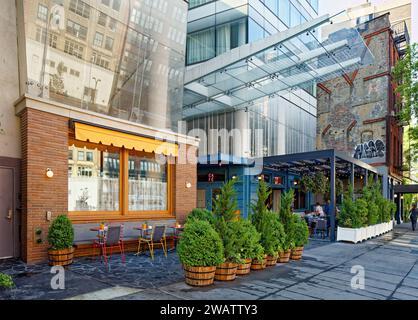 Nella forma e nelle finiture, l'hotel Standard East Village (ex Cooper Square Hotel) ha somiglianze con l'edificio IAC progettato da Frank Gehry. Foto Stock