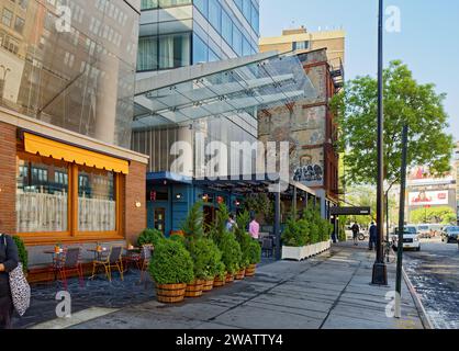 Nella forma e nelle finiture, l'hotel Standard East Village (ex Cooper Square Hotel) ha somiglianze con l'edificio IAC progettato da Frank Gehry. Foto Stock