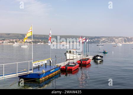 Swanage Dorset England, gite in barca per la pesca allo sgombro disponibili dal molo di Swanage Bay, costa meridionale dell'Inghilterra, Regno Unito, 2023 Foto Stock