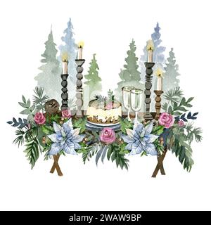 Composizioni natalizie ad acquerello con tavolo per cena di natale con champagne isolato su sfondo bianco. Natale nuovo anno accogliente vacanza invernale Foto Stock