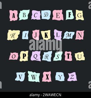 Alfabeto dei giornali collage. Lettere criminali tagliate da giornali e riviste. Carattere anonimo o detective. Illustrazione vettoriale in stile retrò Illustrazione Vettoriale