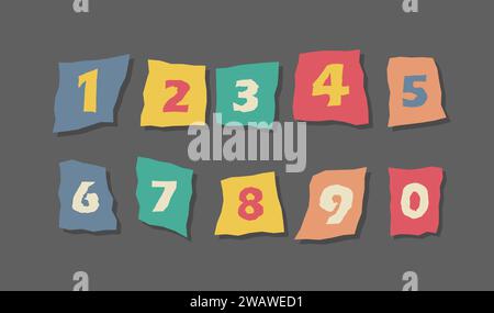 Alfabeto dei giornali collage. Numeri criminali tagliati da giornali e riviste. Carattere anonimo o detective. Illustrazione vettoriale in stile retrò Illustrazione Vettoriale