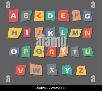 Alfabeto dei giornali collage. Lettere criminali tagliate da giornali e riviste. Carattere anonimo o detective. Illustrazione vettoriale in stile retrò Illustrazione Vettoriale