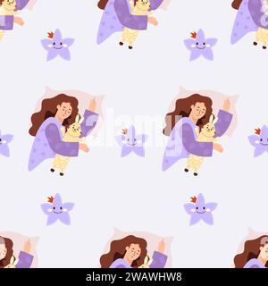 Modello senza cuciture con ragazza addormentata con peluche coniglio su sfondo chiaro con stelle. Illustrazione vettoriale per design, carta da parati, imballaggio Illustrazione Vettoriale