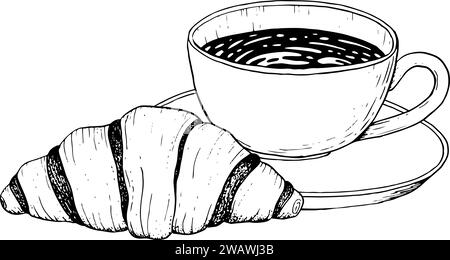 Tazza di caffè con cioccolato e croissant francese, illustrazione in bianco e nero per pausa caffè, colazione Illustrazione Vettoriale