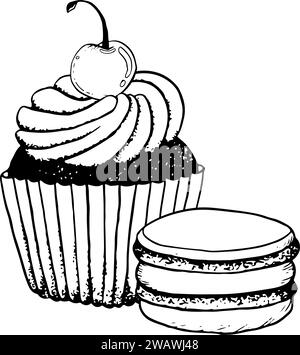 Cupcake vettoriale con panna montata e biscotti alla ciliegia e macaroon illustrazioni grafiche con inchiostro bianco e nero Illustrazione Vettoriale