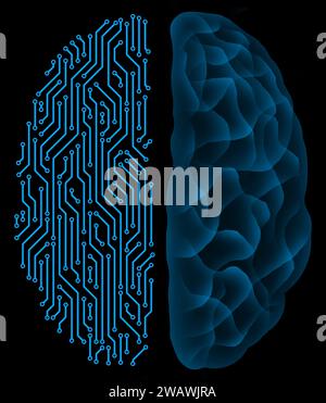 concetto di intelligenza artificiale con vista dall'alto del cervello umano a mezzo circuito e del cervello a luce neon olografica a metà circuito Foto Stock