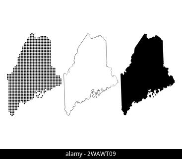 Serie di mappe del Maine, stati uniti d'america. Illustrazione vettoriale a icone piatte . Illustrazione Vettoriale