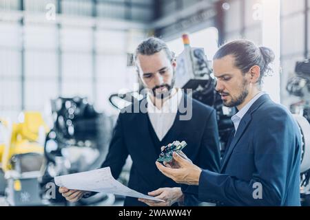 Team di progettisti di macchinari robotici avanzati che parla con la consulenza aziendale per fornitori di componenti elettronici in co Foto Stock