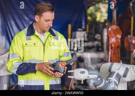 Il controllo di lavoro maschio per caucasione ENGINEER aziona il programma di configurazione braccio robotico automatico con telecomando manuale Foto Stock