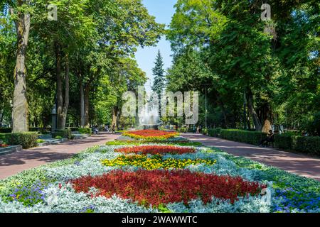 Letto di fiori nel Parco Panfilov, parco municipale a Bishkek, Kirghizistan Foto Stock