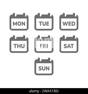 Calendario con l'icona giorni settimanali impostata. Icone vettoriali lunedì, martedì. Illustrazione Vettoriale