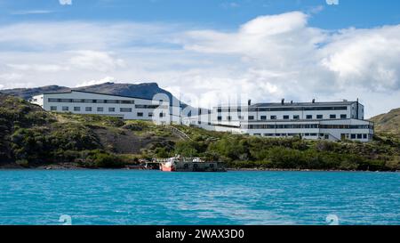 Explora Hotel, Lago Pehoe, Parco Nazionale Torres del Pain, Cile Foto Stock