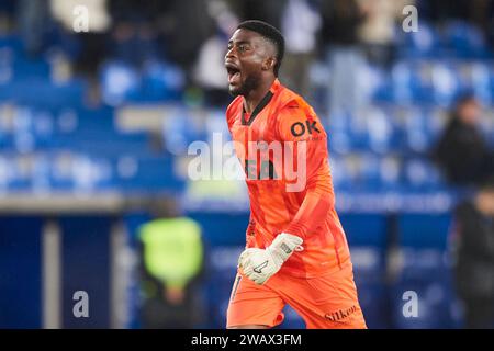 Vitoria, Spagna. 6 gennaio 2024. Jesus Owono del Deportivo Alaves reagisce durante la partita della Copa El Rey Round del 32 tra il Deportivo Alaves e il Real Betis Balompie allo Stadio Mendizorrotza il 6 gennaio 2024 a Vitoria, in Spagna. Credito: Cesar Ortiz Gonzalez/Alamy Live News Foto Stock