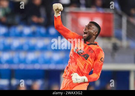 Vitoria, Spagna. 6 gennaio 2024. Jesus Owono del Deportivo Alaves reagisce durante la partita della Copa El Rey Round del 32 tra il Deportivo Alaves e il Real Betis Balompie allo Stadio Mendizorrotza il 6 gennaio 2024 a Vitoria, in Spagna. Credito: Cesar Ortiz Gonzalez/Alamy Live News Foto Stock