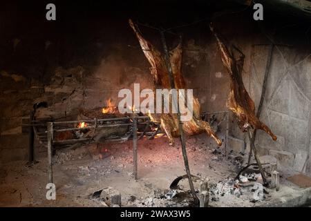 Cucinare agnello e carne davanti al fuoco presso un'Estancia in Patagonia Foto Stock