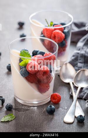 Vaniglia e panna cotta dolce come dessert tradizionale italiano. Panna cotta a base di latte, vaniglia e gelatina. Foto Stock