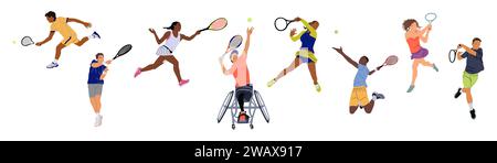 Set di uomini e donne sportivi grandi tennisti. Illustrazione Vettoriale