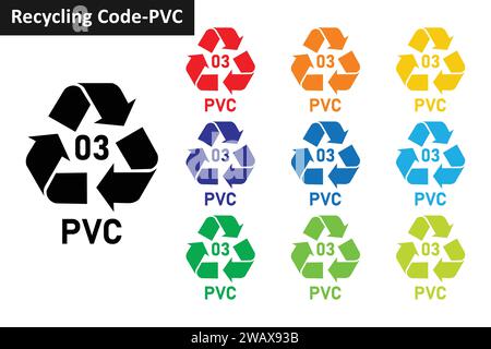 Set di icone del codice di riciclaggio della plastica in PVC. Simboli di riciclaggio della plastica Mobius 03 PVC. Raccolta icone codice 03 per il riciclaggio della plastica in dieci colori diversi. Illustrazione Vettoriale