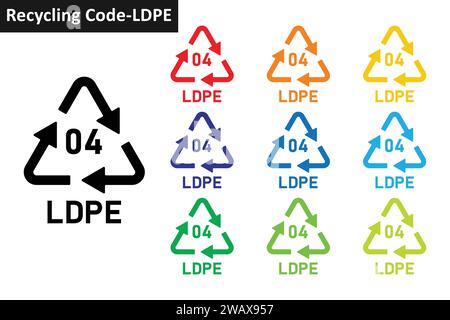 Set di icone del codice di riciclaggio della plastica in LDPE. Simboli di riciclaggio della plastica 04 LDPE. Raccolta icone codice 04 per il riciclaggio della plastica in dieci colori diversi. Illustrazione Vettoriale