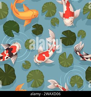 Motivo decorativo di pesci Koi senza cuciture. Carpe giapponesi maculate, ripetuti elementi dello stagno, vista dall'alto foglie di ninfee. Tessuti decorativi, carta da parati Illustrazione Vettoriale