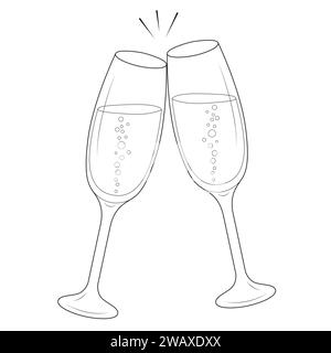 Lezioni di champagne festive e design piatto. Bianco e nero. Line art. Illustrazione vettoriale Illustrazione Vettoriale