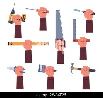 Set di mani che trattengono le attrezzature. Attrezzature professionali per lavoratori. Martello, chiave, pinze e pinze nel braccio. Componenti e strumenti di riparazione. Cartone animato Illustrazione Vettoriale