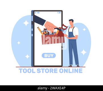 Negozio online di attrezzi, che tiene la cassetta degli attrezzi al dipendente. Ampio schermo dello smartphone. Shopping su Internet. Venditore e artigiano che acquistano attrezzature per l'edilizia Illustrazione Vettoriale