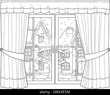 Finestra con paesaggio invernale all'aperto con fiocchi di neve sulla strada. Illustrazione vettoriale dei cartoni animati piatti. Bianco e nero. Pagina colori Art Therapy Illustrazione Vettoriale