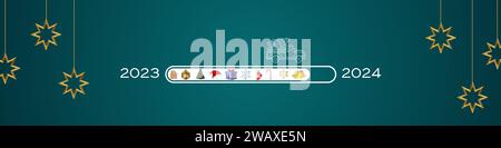 Barra di caricamento natalizia sotto forma di elemento natalizio. Buon anno 2024. Modello di design festivo per le vacanze invernali. Illustrazione Vettoriale