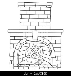 Caminetto domestico. Fiamme brucianti. Posti dei vigili del fuoco. Pagina colori Art Therapy. Bianco e nero isolato su sfondo bianco. Illustrazione vettoriale Illustrazione Vettoriale