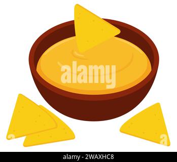 Patatine di mais messicane con salsa al formaggio e disegno a cartoni animati. Illustrazione grafica vettoriale isolata. Illustrazione Vettoriale