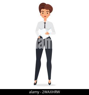 Un'elegante donna d'affari tiene un rapporto di giornale. Lavoratrice in ufficio con illustrazione vettoriale di cartoni animati di documenti Illustrazione Vettoriale