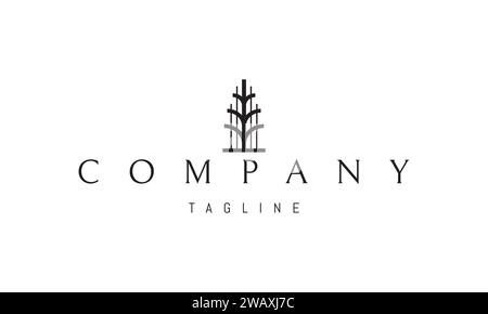 Un logo vettoriale con un'immagine astratta di un albero su sfondo di linee verticali. Illustrazione Vettoriale