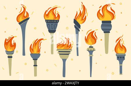 Set di torce con fiamme, Giochi Olimpici. Illustrazione vettoriale Illustrazione Vettoriale