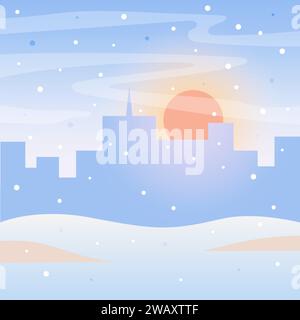 Sfondo della città invernale. Tramonto invernale in città. Paesaggio cittadino invernale. Vista urbana invernale. Design piatto. Illustrazione vettoriale in stile cartone animato Illustrazione Vettoriale
