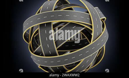 Strade aggrovigliate che formano una sfera. Illustrazione 3D. Foto Stock