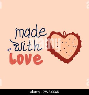 cucire cuore e lettering fatti con amore - carta. Illustrazione vettoriale su sfondo pesca. Sfondo del concetto di ricettatura fatto a mano. Illustrazione Vettoriale