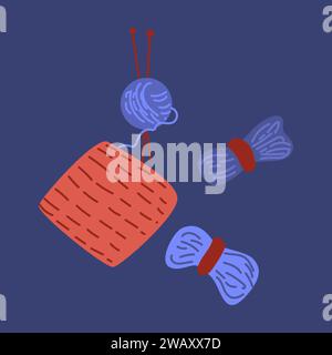 set per maglieria oggetti in filato di lana. Illustrazione vettoriale su sfondo blu. Illustrazione Vettoriale