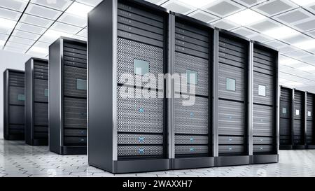Server di rete in una riga nella stanza. Figura 3D. Foto Stock