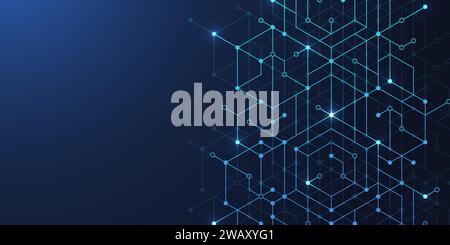 Collegamento di linee e punti con tecnologia astratta. La tecnologia esagona la connessione dei dati digitali e il concetto dei big data. Illustrazione Vettoriale