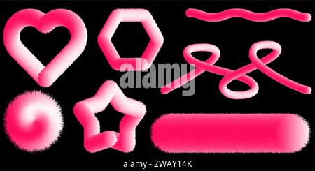 Coloratissimi elementi soffici dei cartoni animati. Cuore di pelliccia. Vettore isolato su sfondo nero. Cuori e stelle di pelliccia. Illustrazione Vettoriale